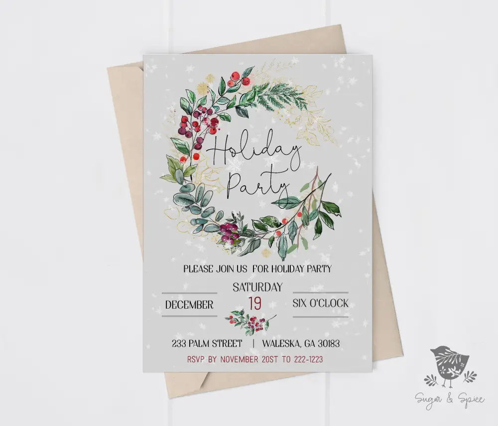 Elegant Wreath Christmas Invitation - Premium Digital File from Sugar and Spice Invitations - Just $2.10! Shop now at Sugar and Spice Paper