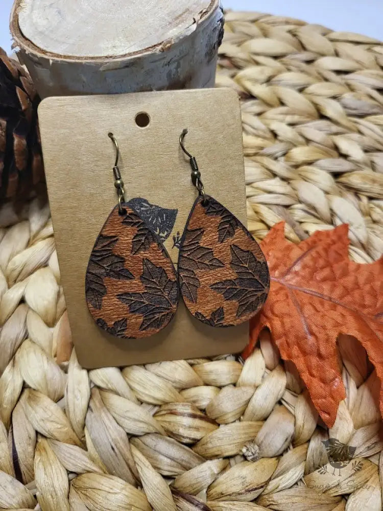 Engraved Maple Leaf Wood Earrings - Premium  from Sugar and Spice Invitations - Just $11.25! Shop now at Sugar and Spice Paper