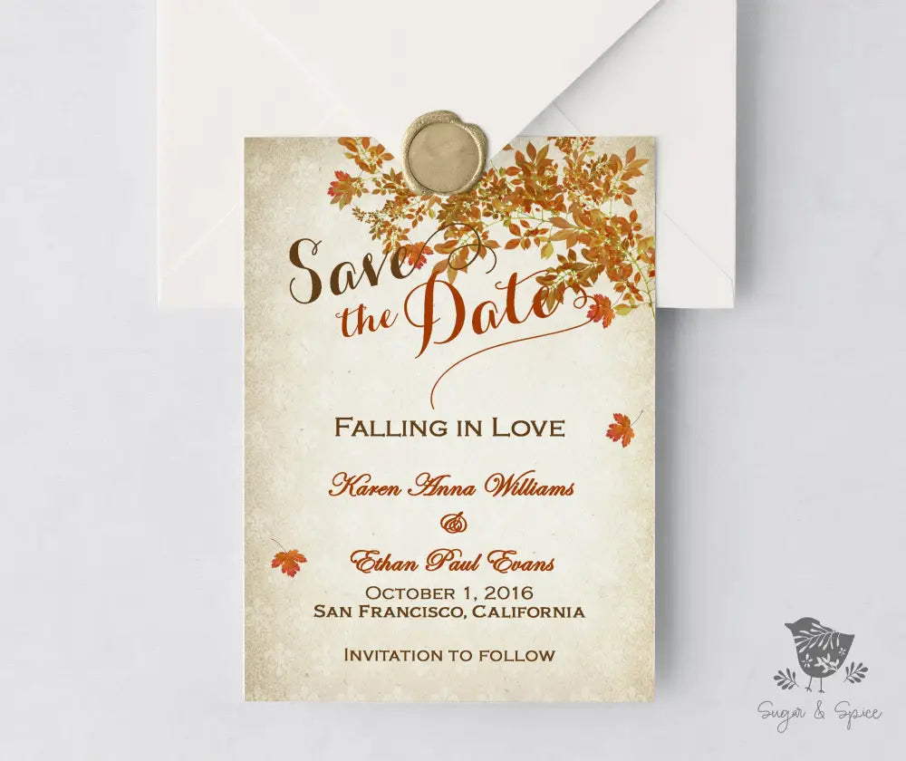 Fall in Love Save the Date - Premium Paper & Party Supplies > Paper > Invitations & Announcements > Invitations from Sugar and Spice Invitations - Just $2.50! Shop now at Sugar and Spice Paper