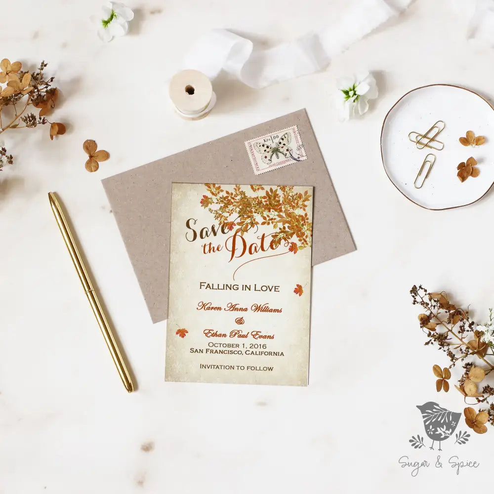 Fall in Love Save the Date - Premium Paper & Party Supplies > Paper > Invitations & Announcements > Invitations from Sugar and Spice Invitations - Just $2.50! Shop now at Sugar and Spice Paper