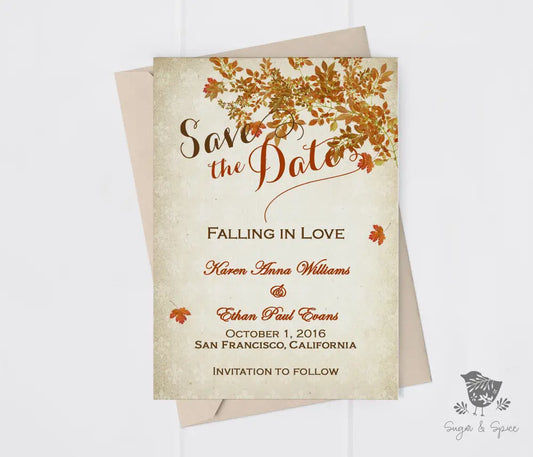 Fall in Love Save the Date - Premium Paper & Party Supplies > Paper > Invitations & Announcements > Invitations from Sugar and Spice Invitations - Just $2.50! Shop now at Sugar and Spice Paper