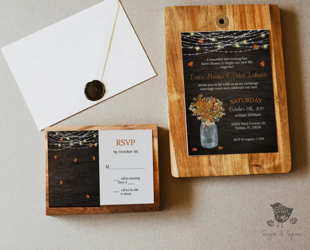 Fall Mason Jar and Lights Wedding Invitation - Premium from Sugar and Spice Invitations - Just $2.15! Shop now at Sugar and Spice Paper