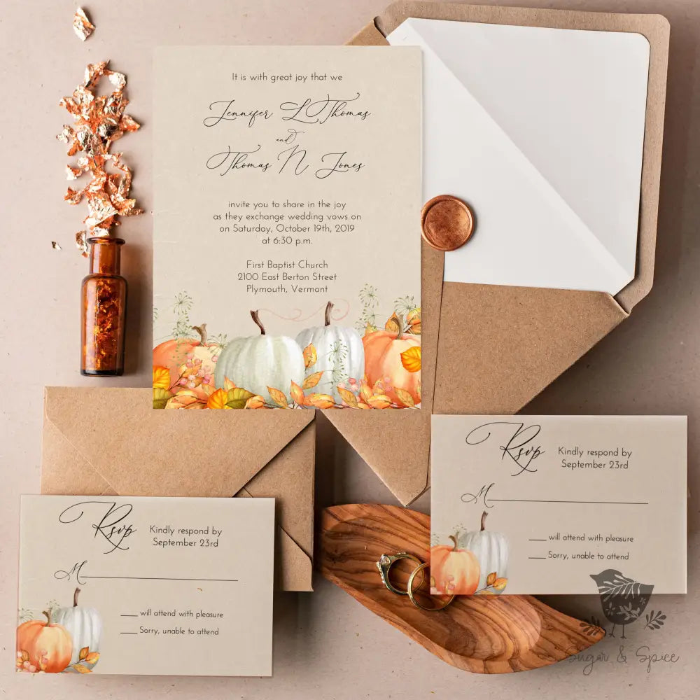 Fall Pumpkin Watercolor Wedding Invitation - Premium Paper & Party Supplies > Paper > Invitations & Announcements > Invitations from Sugar and Spice Invitations - Just $2.15! Shop now at Sugar and Spice Paper
