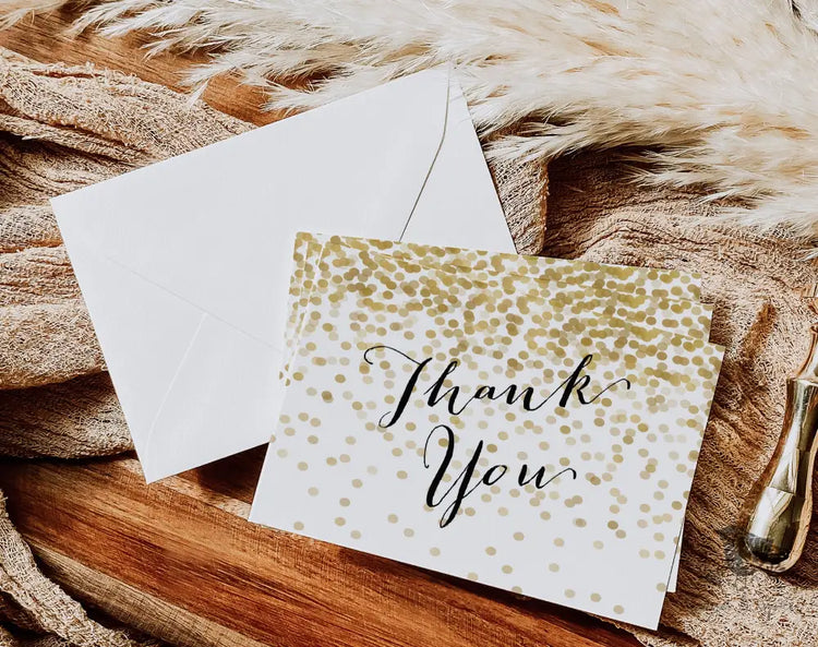 Gold Glitter Thank You Card - Premium Paper & Party Supplies > Paper > Invitations & Announcements > Invitations from Sugar and Spice Invitations - Just $2.50! Shop now at Sugar and Spice Paper