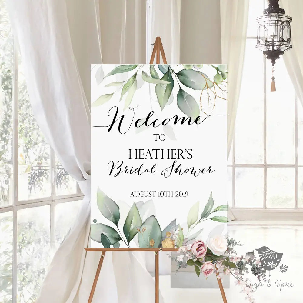 Gold Leaf and Greenery Welcome Sign - Premium from Sugar and Spice Invitations - Just $35! Shop now at Sugar and Spice Paper