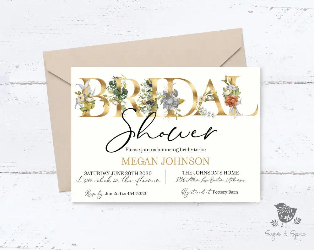 Gold Letter Floral Bridal Shower Invitation - Premium  from Sugar and Spice Invitations - Just $1.95! Shop now at Sugar and Spice Paper