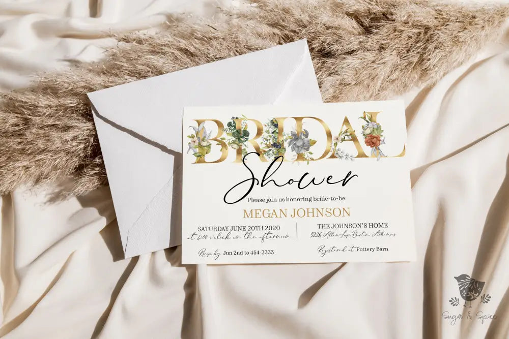 Gold Letter Floral Bridal Shower Invitation - Premium  from Sugar and Spice Invitations - Just $1.95! Shop now at Sugar and Spice Paper