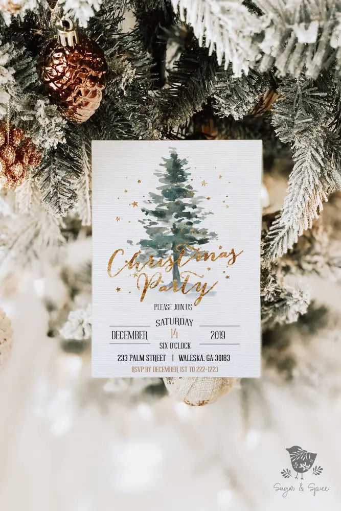 Gold Watercolor Tree Christmas Invitation - Premium Digital File from Sugar and Spice Invitations - Just $2.10! Shop now at Sugar and Spice Paper
