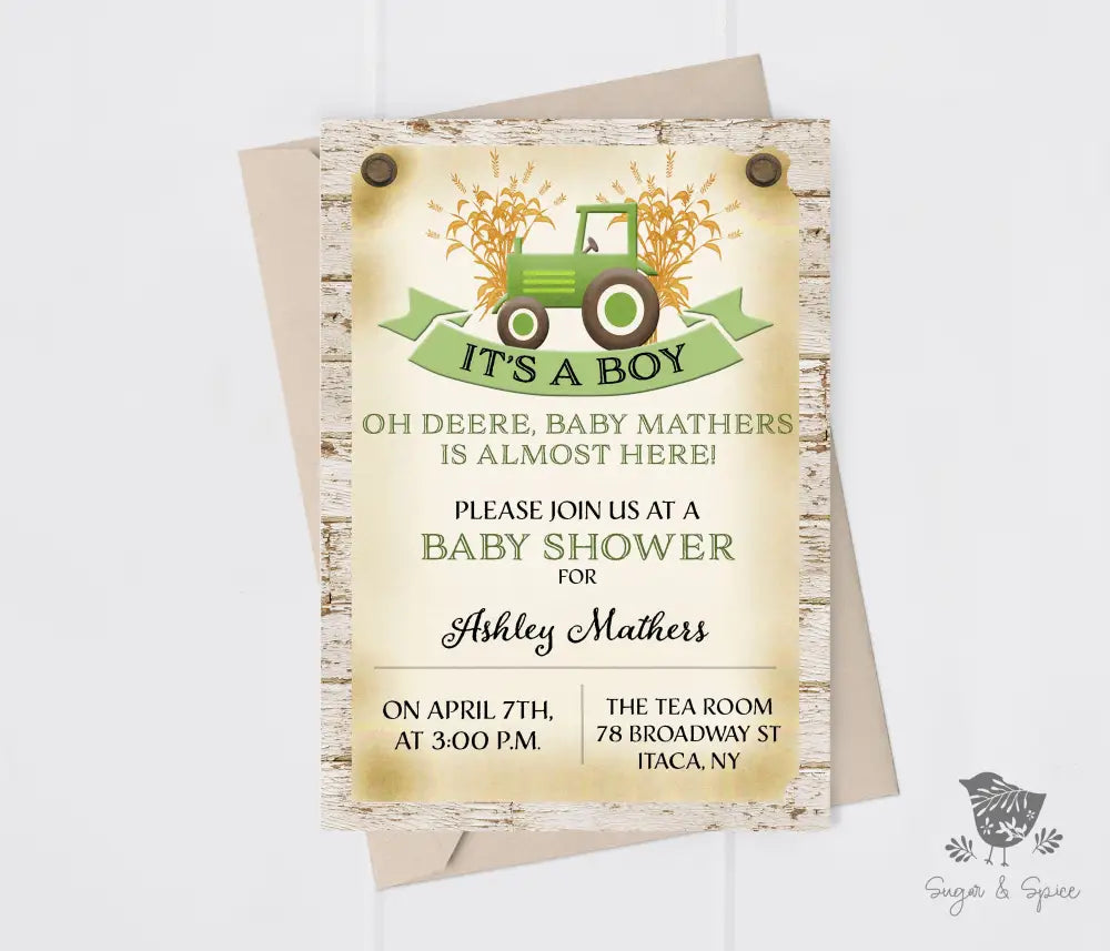 Green Tractor Farm Baby Shower Invitation | Best Price in 2024 at Sugar and  Spice Paper