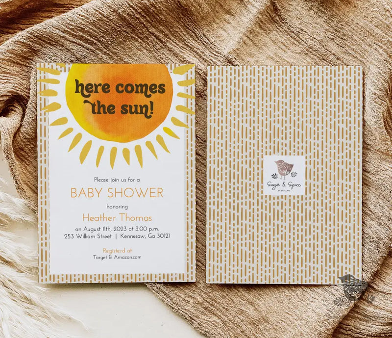 Here comes the Sun Baby Shower Invitation - Premium Paper & Party Supplies > Paper > Invitations & Announcements > Invitations from Sugar and Spice Invitations - Just $1.95! Shop now at Sugar and Spice Paper