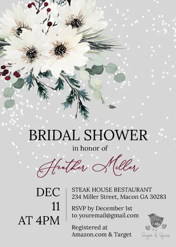 Holiday Floral Snow Bridal Shower Invitation - Premium  from Sugar and Spice Invitations - Just $1.95! Shop now at Sugar and Spice Paper