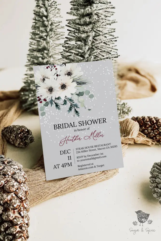 Holiday Floral Snow Bridal Shower Invitation - Premium  from Sugar and Spice Invitations - Just $1.95! Shop now at Sugar and Spice Paper