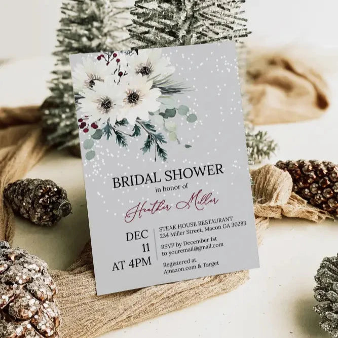 Holiday Floral Snow Bridal Shower Invitation - Premium  from Sugar and Spice Invitations - Just $1.95! Shop now at Sugar and Spice Paper