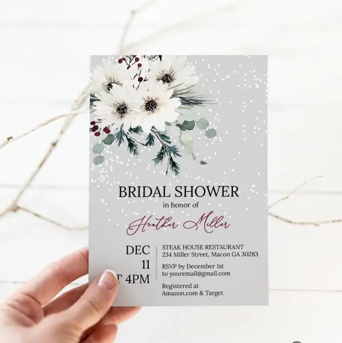 Holiday Floral Snow Bridal Shower Invitation - Premium  from Sugar and Spice Invitations - Just $1.95! Shop now at Sugar and Spice Paper