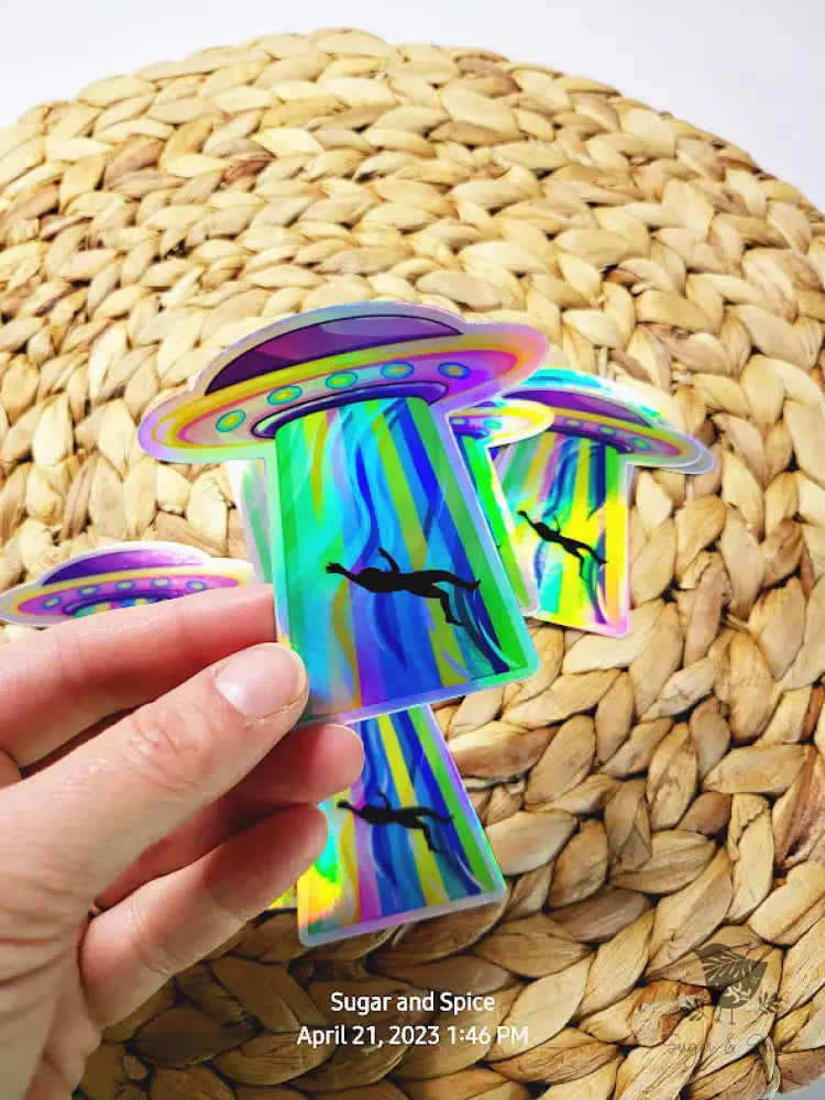 Holographic Spaceship Alien Abduction UFO Waterproof Stickers - Premium from Sugar and Spice Invitations - Just $3.50! Shop now at Sugar and Spice Paper