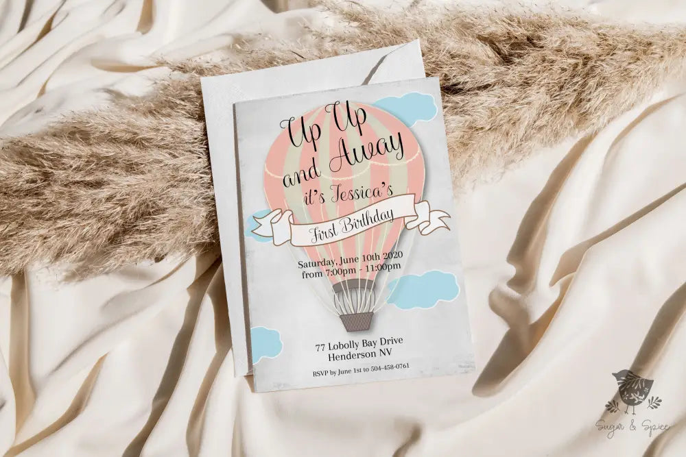 Hot Air Balloon Pink Birthday Invitation - Premium Digital File from Sugar and Spice Invitations - Just $1.95! Shop now at Sugar and Spice Paper