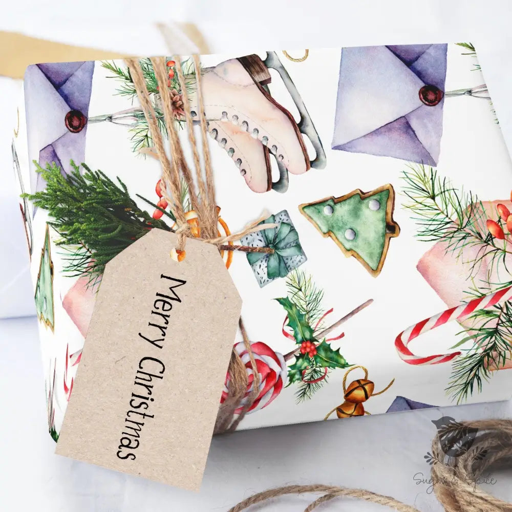 Ice Skates and Holly Wrapping Paper - Premium Craft Supplies & Tools > Party & Gifting > Packaging & Wrapping from Sugar and Spice Invitations - Just $26.10! Shop now at Sugar and Spice Paper