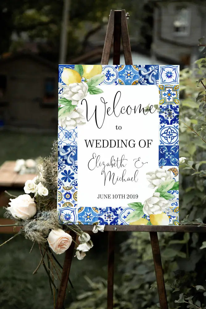 Mediterranean Lemon Blue Tile Welcome Sign - Premium from Sugar and Spice Invitations - Just $35! Shop now at Sugar and Spice Paper