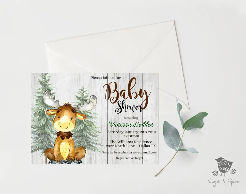 Moose Woodland Forest Baby Shower Invitation - Premium  from Sugar and Spice Invitations - Just $1.95! Shop now at Sugar and Spice Paper