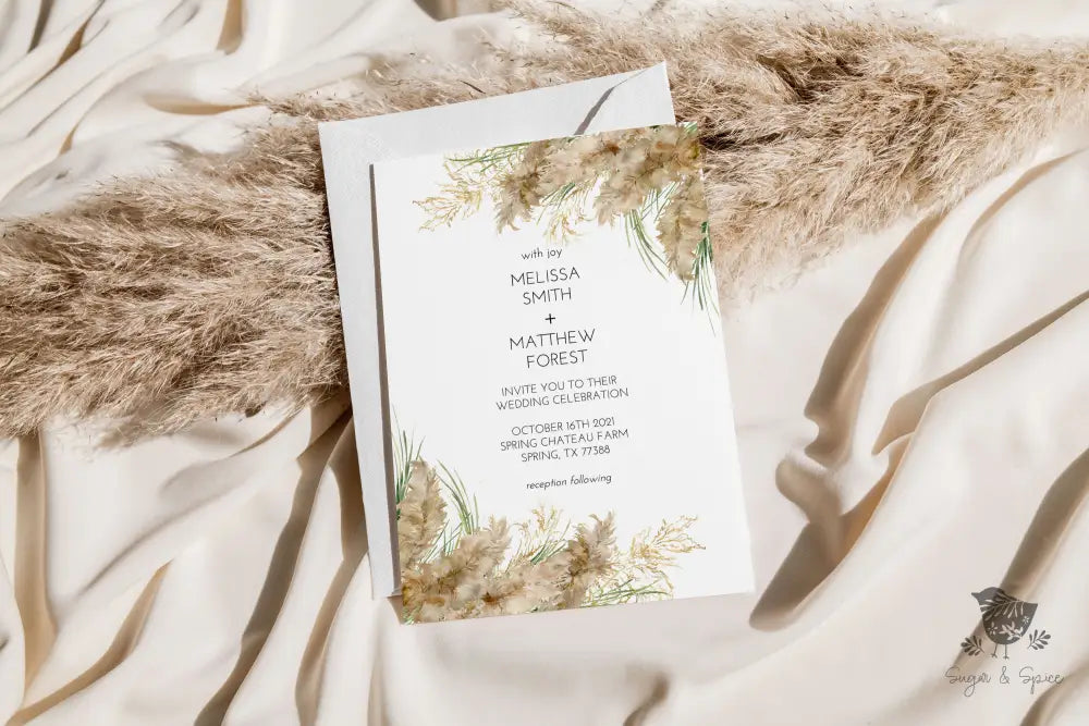 Pampas Grass Wedding Invitation Suite - Premium from Sugar and Spice Invitations - Just $2.15! Shop now at Sugar and Spice Paper