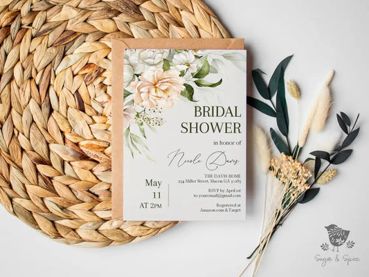 Peach Floral Forest Green Bridal Shower Invitation - Premium  from Sugar and Spice Invitations - Just $1.95! Shop now at Sugar and Spice Paper