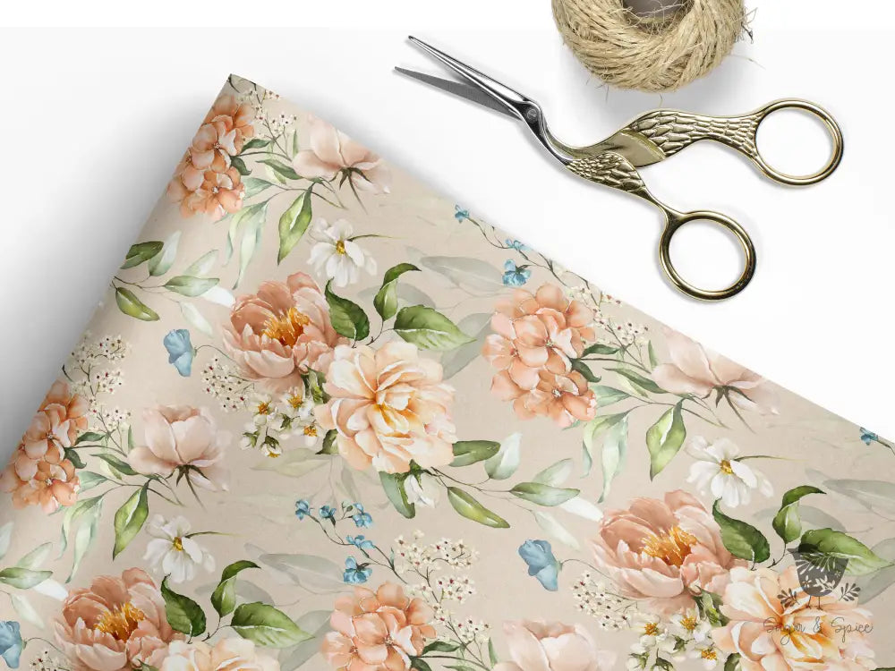 Peach Floral Kraft Wrapping Paper - Premium Craft Supplies & Tools > Party & Gifting > Packaging & Wrapping from Sugar and Spice Invitations - Just $26.10! Shop now at Sugar and Spice Paper