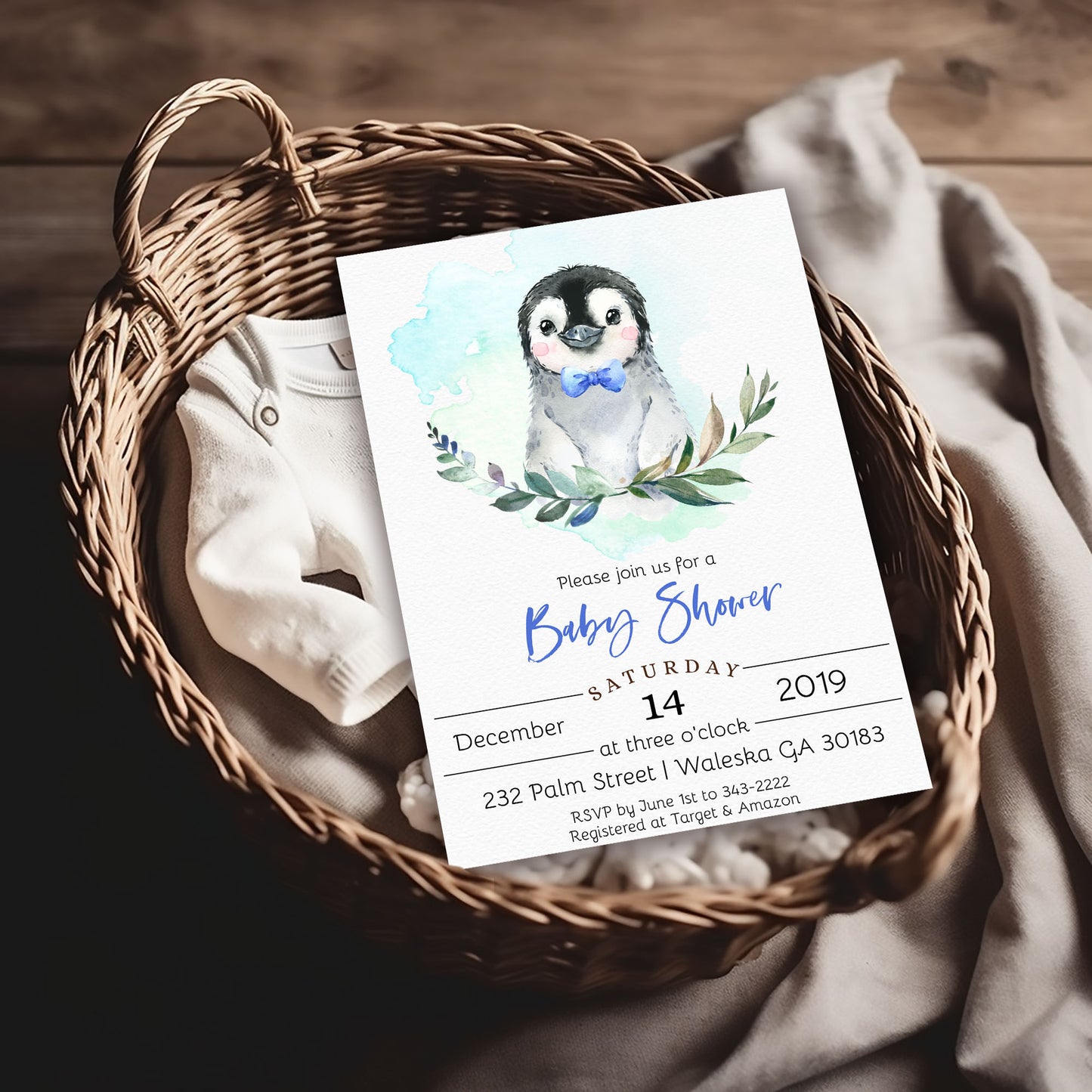 Winter Penguin Baby Shower Invitation