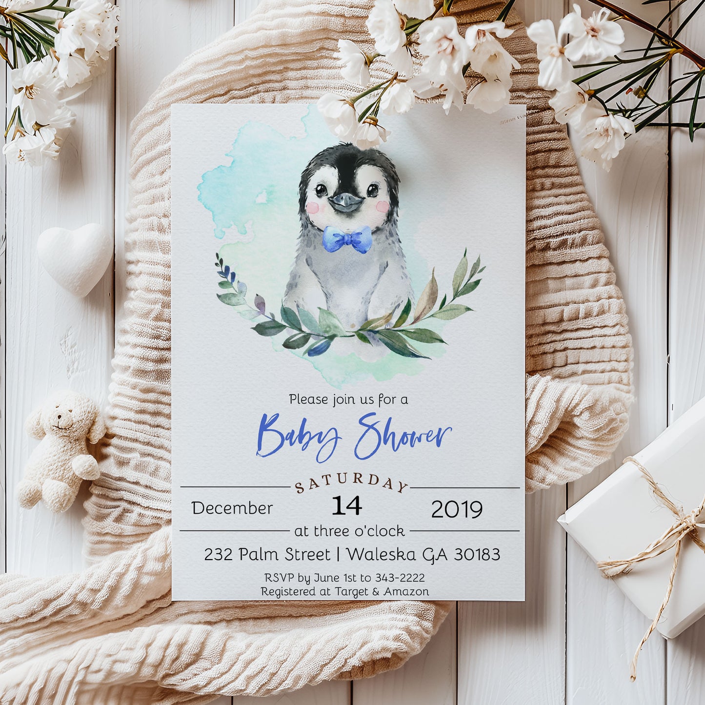 Winter Penguin Baby Shower Invitation