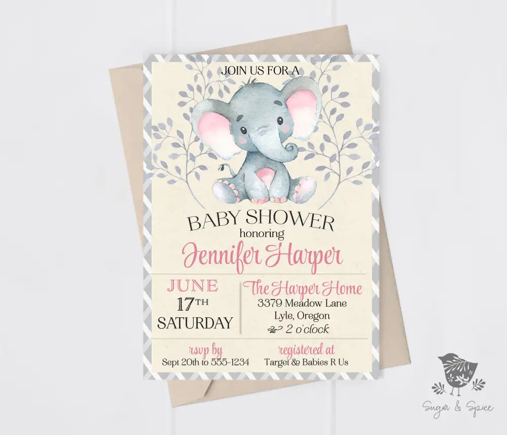 Pink Elephant Baby Shower Invitation - Premium from Sugar and Spice Invitations - Just $1.95! Shop now at Sugar and Spice Paper