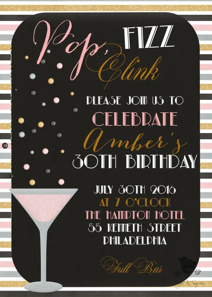 Pop Fizz Clink Champagne Birthday Invitation - Premium Digital File from Sugar and Spice Invitations - Just $1.95! Shop now at Sugar and Spice Paper