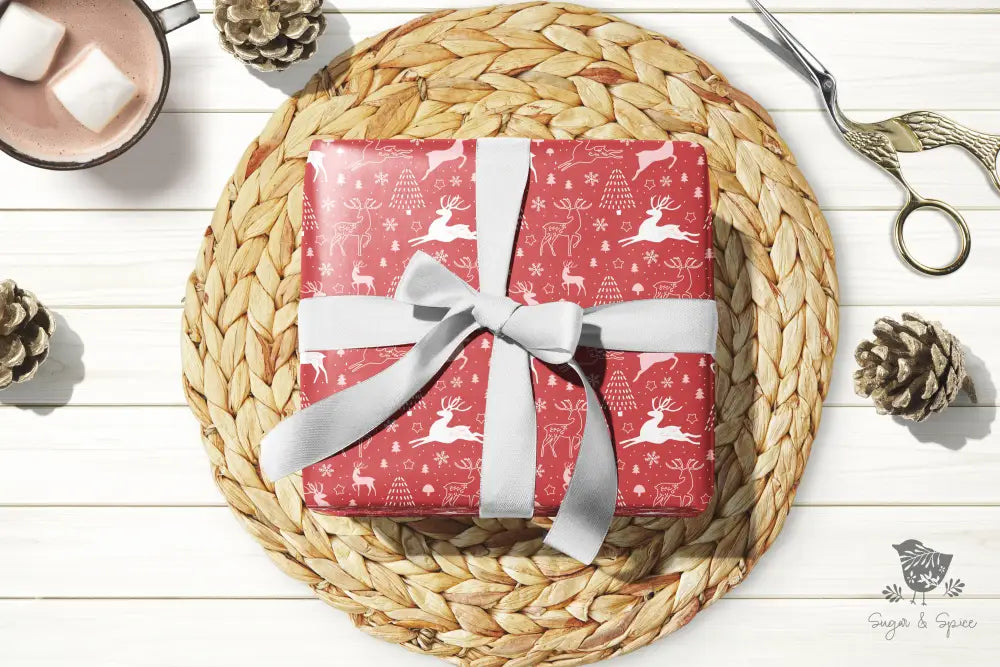 Red and Pink Deer Christmas Wrapping Paper Roll - Premium Home Decor from Printify - Just $26.10! Shop now at Sugar and Spice Paper