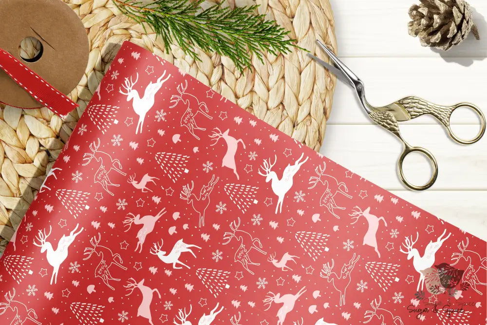 Red and Pink Deer Christmas Wrapping Paper Roll - Premium Home Decor from Printify - Just $26.10! Shop now at Sugar and Spice Paper