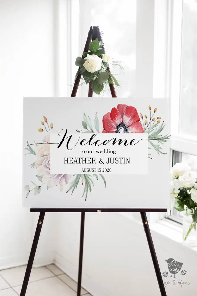 Red Flower Welcome Sign - Premium  from Sugar and Spice Invitations - Just $35! Shop now at Sugar and Spice Paper