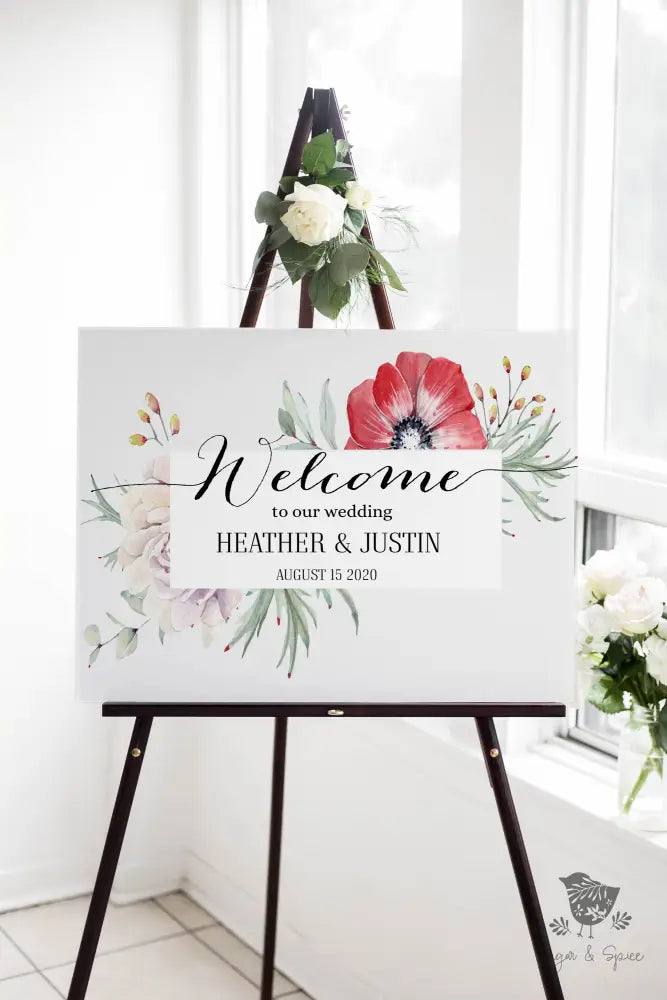 Red Flower Welcome Sign - Premium from Sugar and Spice Invitations - Just $35! Shop now at Sugar and Spice Paper