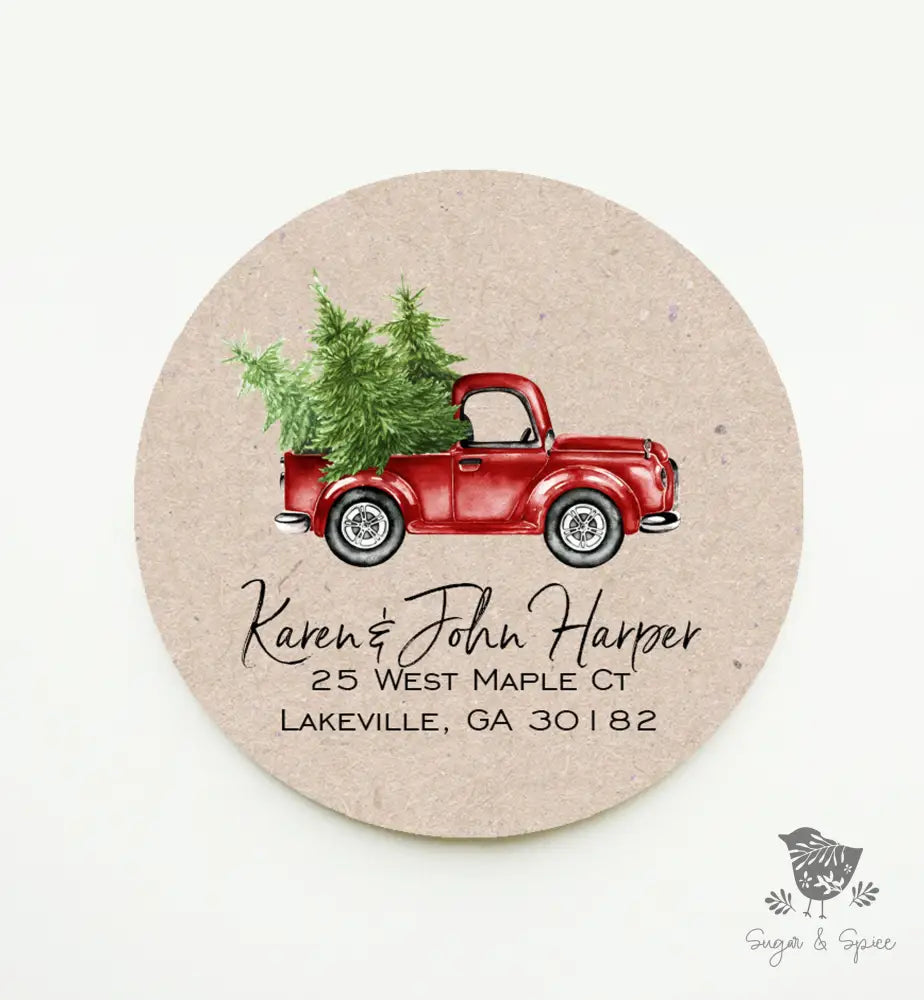 Red Truck Christmas Tree Return Address Sticker - Premium  from Sugar and Spice Invitations - Just $9.95! Shop now at Sugar and Spice Paper
