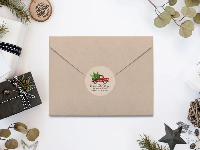 Red Truck Christmas Tree Return Address Sticker - Premium  from Sugar and Spice Invitations - Just $9.95! Shop now at Sugar and Spice Paper