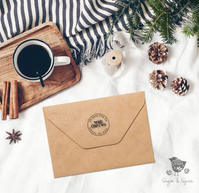 Round Merry Christmas Address Stamp Self-Inking - Premium Craft Supplies & Tools > Stamps & Seals > Stamps from Sugar and Spice Invitations - Just $40! Shop now at Sugar and Spice Paper