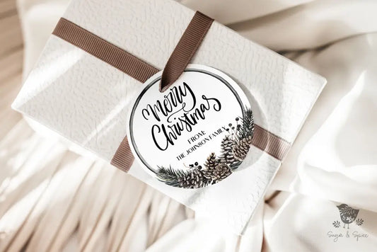 Round Merry Christmas Pinecone Gift Tag - Premium Craft Supplies & Tools > Party & Gifting > Labels, Stickers & Tags > Tags from Sugar and Spice Invitations - Just $35.95! Shop now at Sugar and Spice Paper