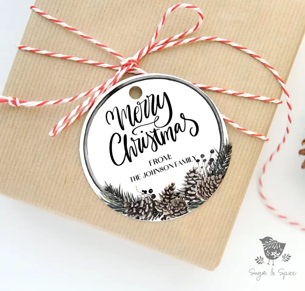 Round Merry Christmas Pinecone Gift Tag - Premium Craft Supplies & Tools > Party & Gifting > Labels, Stickers & Tags > Tags from Sugar and Spice Invitations - Just $35.95! Shop now at Sugar and Spice Paper