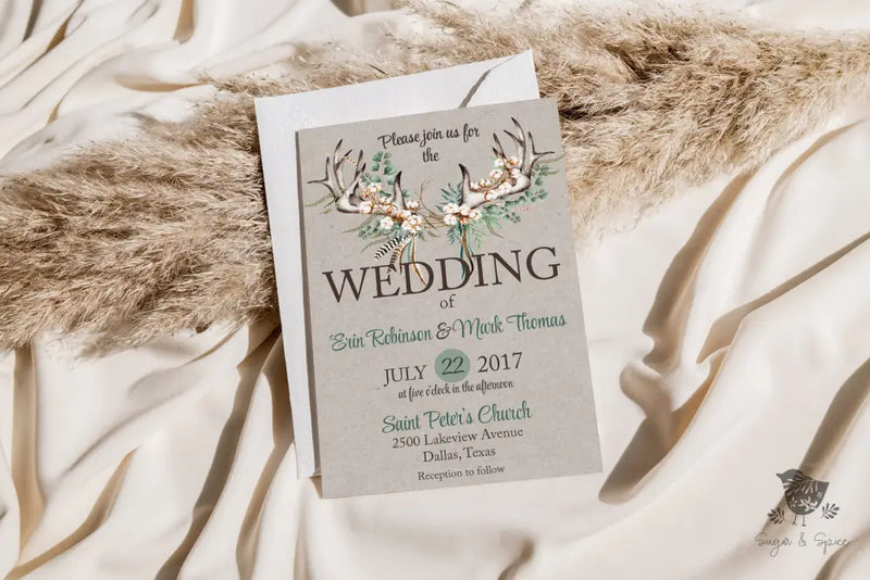 Rustic Boho Cotton and Antlers Wedding Invitation Suite - Premium  from Sugar and Spice Invitations - Just $2.15! Shop now at Sugar and Spice Paper