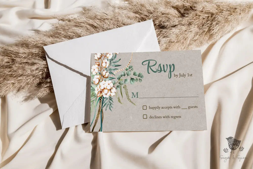 Rustic Boho Cotton and Antlers Wedding Invitation Suite - Premium from Sugar and Spice Invitations - Just $2.15! Shop now at Sugar and Spice Paper