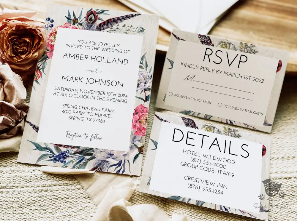 Rustic Floral Boho Bohemian Wedding Invitation - Premium from Sugar and Spice Invitations - Just $2.15! Shop now at Sugar and Spice Paper