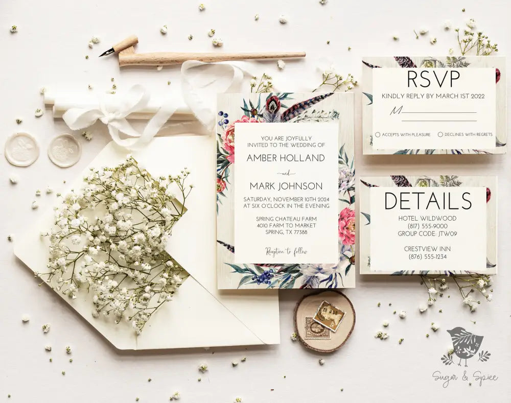 Rustic Floral Boho Bohemian Wedding Invitation - Premium from Sugar and Spice Invitations - Just $2.15! Shop now at Sugar and Spice Paper