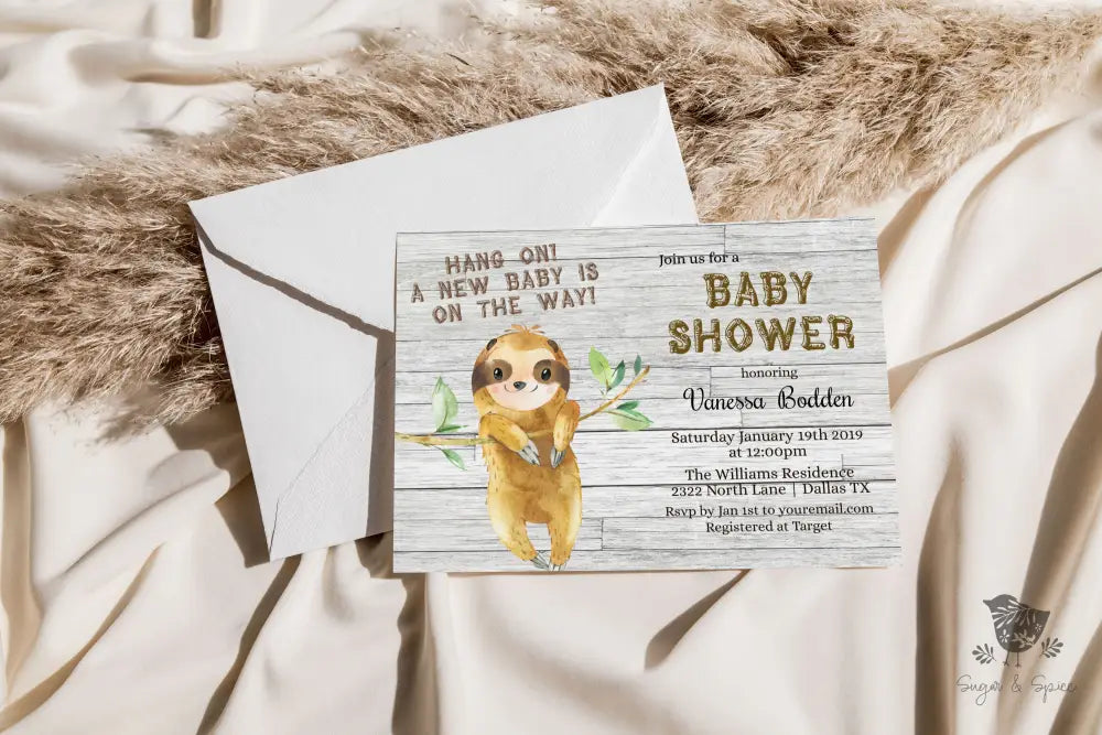 Rustic Sloth Baby Shower Invitation - Premium from Sugar and Spice Invitations - Just $1.95! Shop now at Sugar and Spice Paper