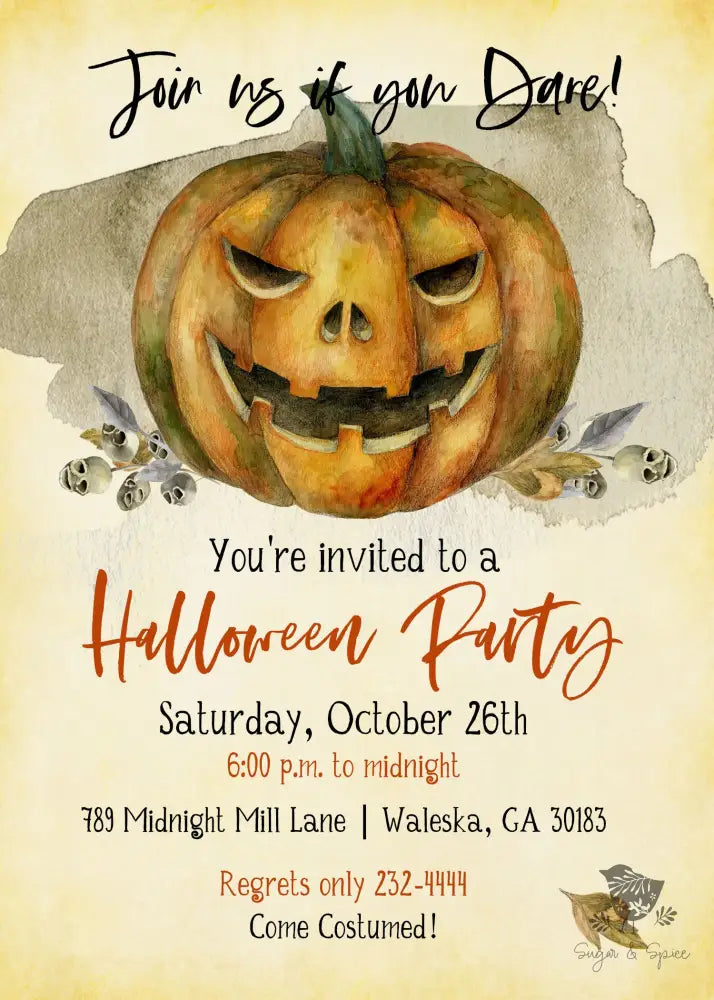 Scary Pumpkin Halloween Invitation - Premium Digital File from Sugar and Spice Invitations - Just $2.10! Shop now at Sugar and Spice Paper
