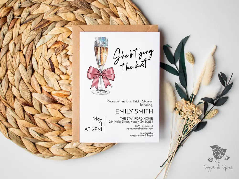 Shes Tying the Knot Coquette Pink Bow Champange Bridal Shower Invitation - Premium from Sugar and Spice Invitations - Just $1.95! Shop now at Sugar and Spice Paper