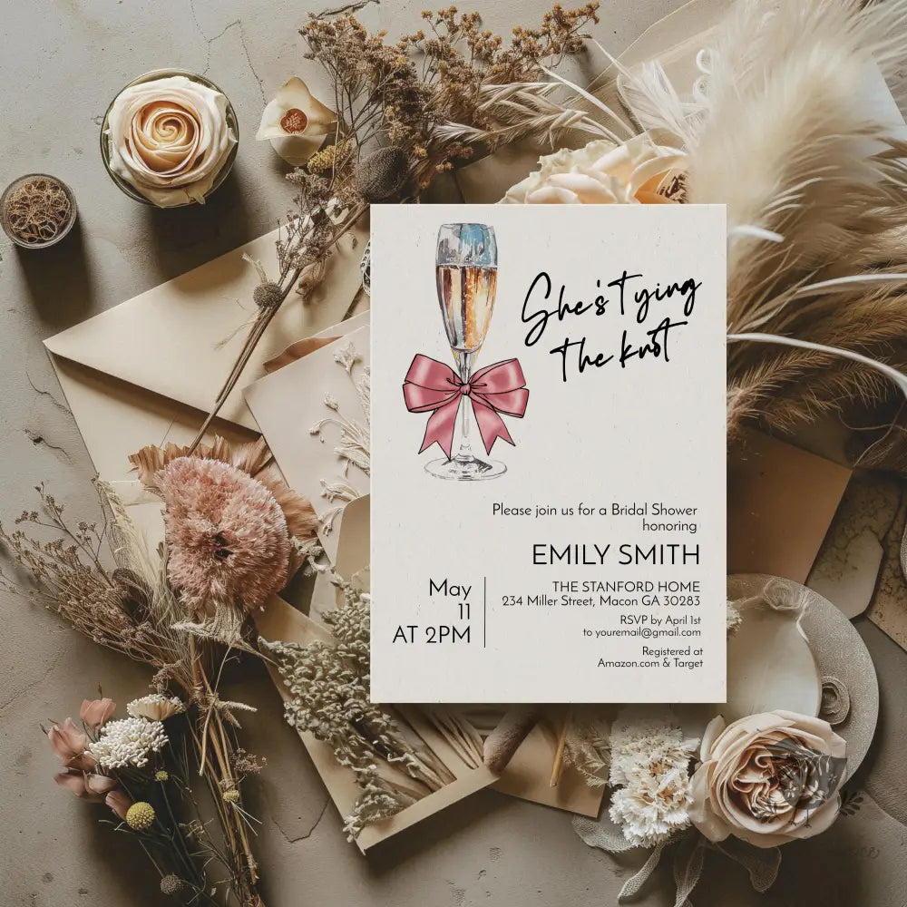 Shes Tying the Knot Coquette Pink Bow Champange Bridal Shower Invitation - Premium from Sugar and Spice Invitations - Just $1.95! Shop now at Sugar and Spice Paper