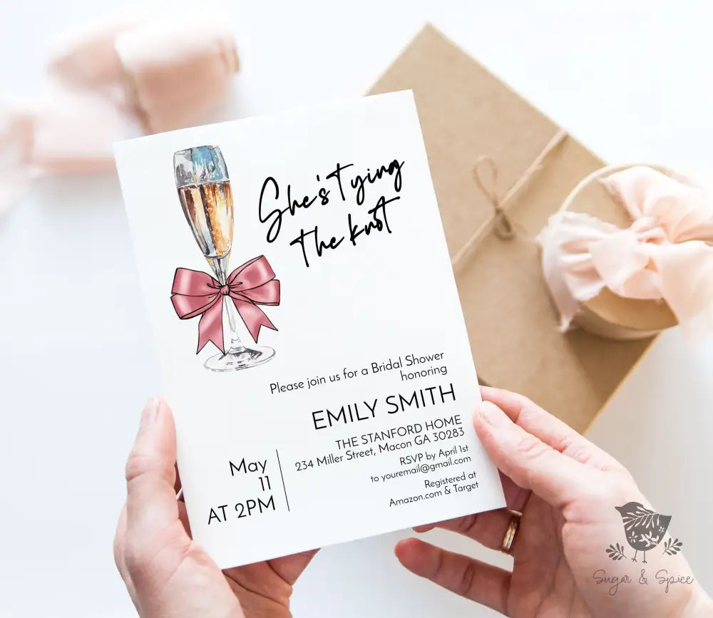 Shes Tying the Knot Coquette Pink Bow Champange Bridal Shower Invitation - Premium from Sugar and Spice Invitations - Just $1.95! Shop now at Sugar and Spice Paper