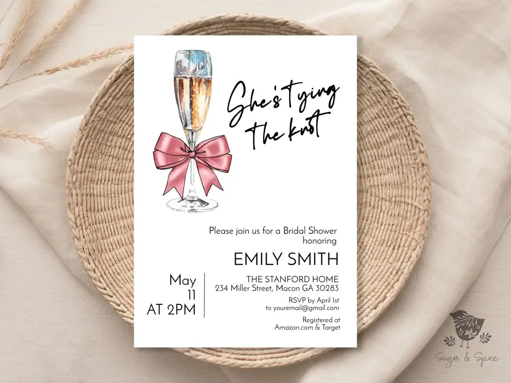 Shes Tying the Knot Coquette Pink Bow Champange Bridal Shower Invitation - Premium from Sugar and Spice Invitations - Just $1.95! Shop now at Sugar and Spice Paper
