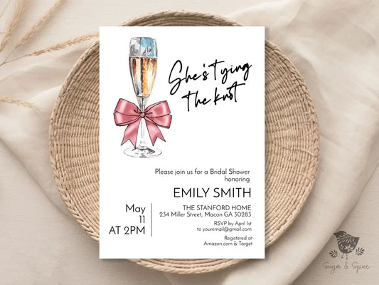 Shes Tying the Knot Coquette Pink Bow Champange Bridal Shower Invitation - Premium  from Sugar and Spice Invitations - Just $1.95! Shop now at Sugar and Spice Paper